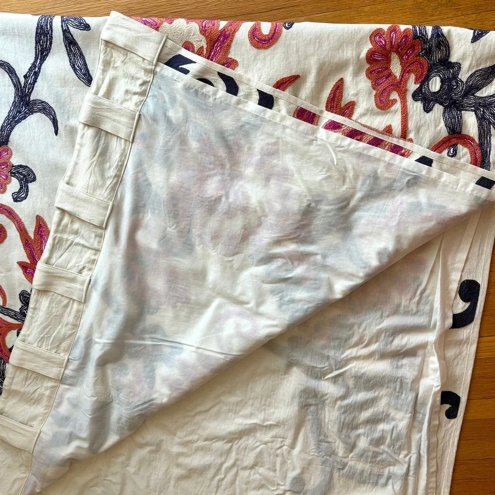 Vintage Anthropologie Embroidered Wool Curtain Pair 50x96 Floral Crewel Bohemian